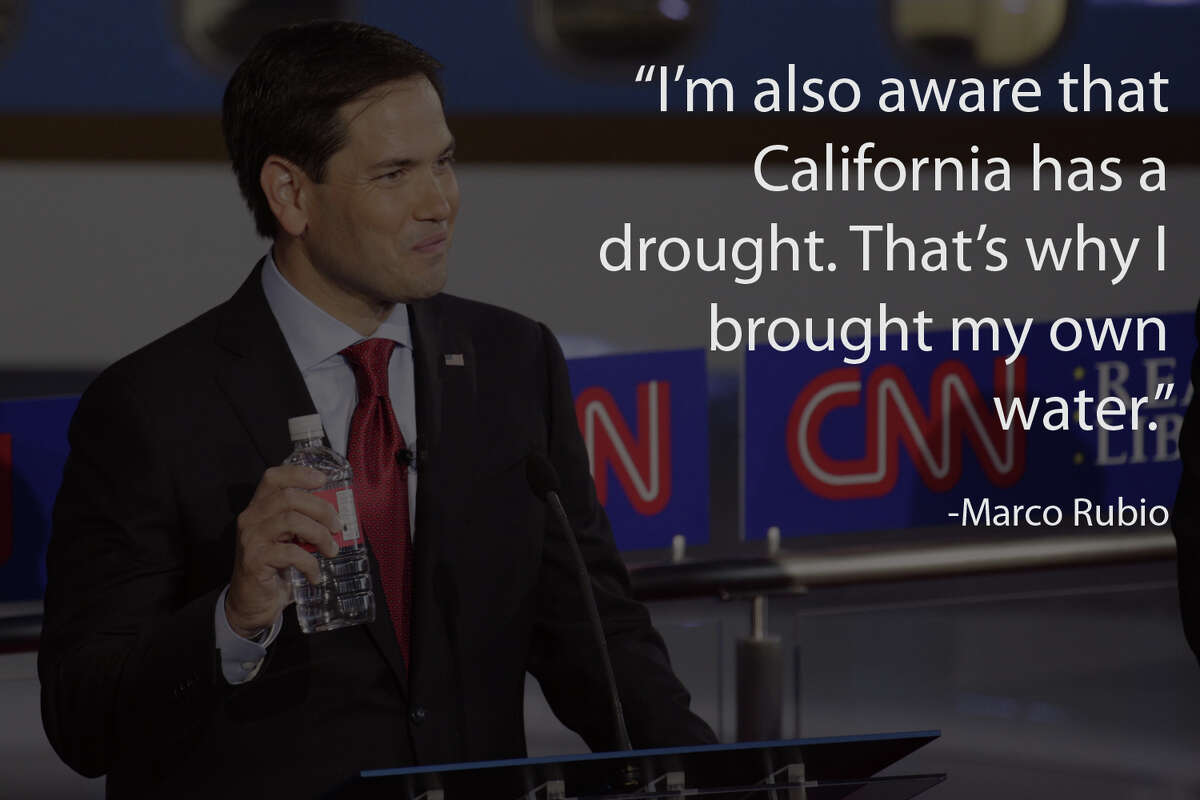 Sen. Marco Rubio (R-Fla.) holds a water bottle during the Republican presidential debate at the Ronald Reagan Presidential Library in Simi Valley, Calif., Sept. 16, 2015. Eleven candidates took part in the debate. (Max Whittaker/The New York Times)