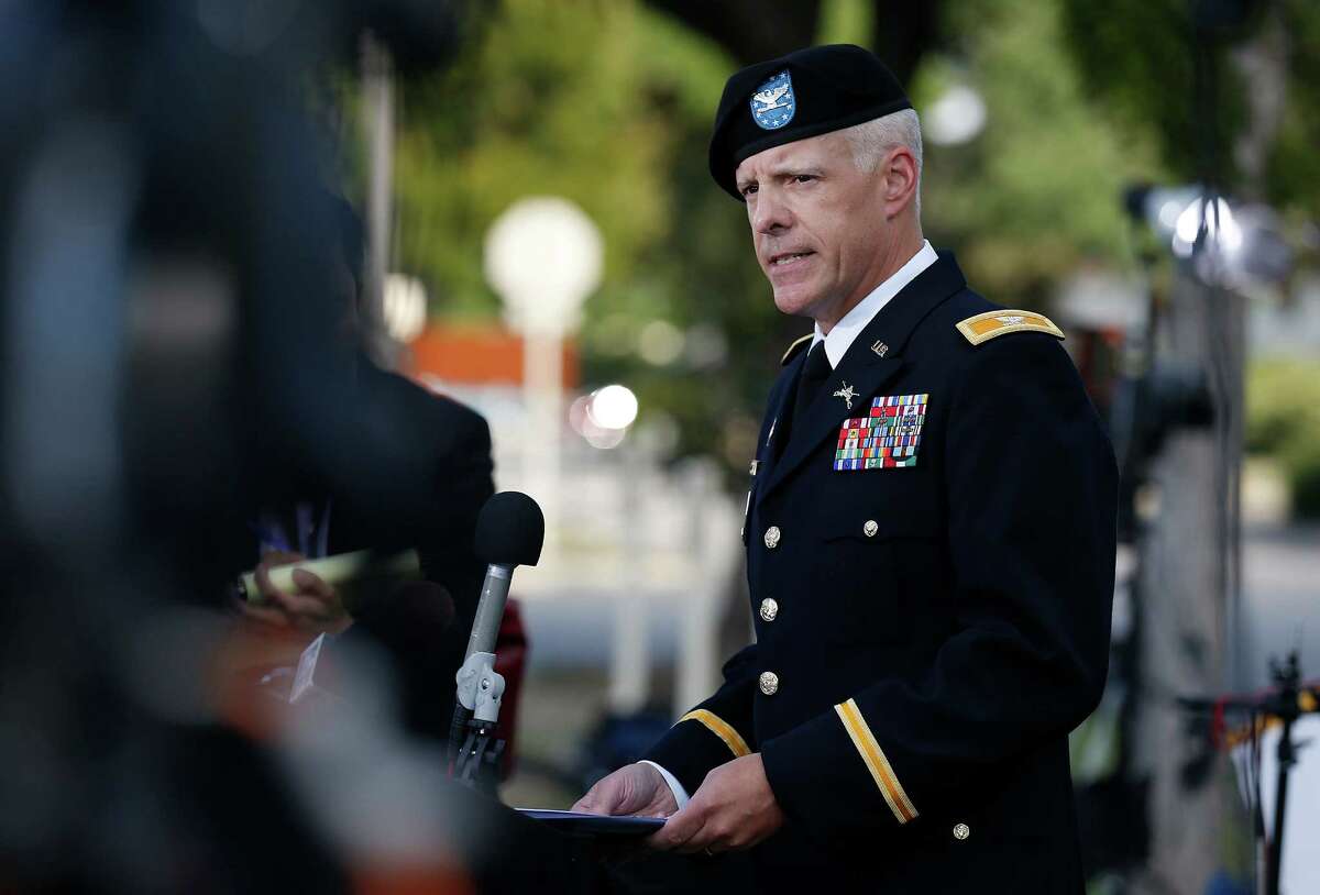 Col. Daniel King, U.S. Army Forces Command Public Affairs Officer, gives a statement at the conclusion of the first day of the Article 32 hearing for Sgt. Bowe Bergdahl at Joint Base San Antonio - Fort Sam Houston on Thursday, Sept. 17, 2015. (Kin Man Hui/San Antonio Express-News)