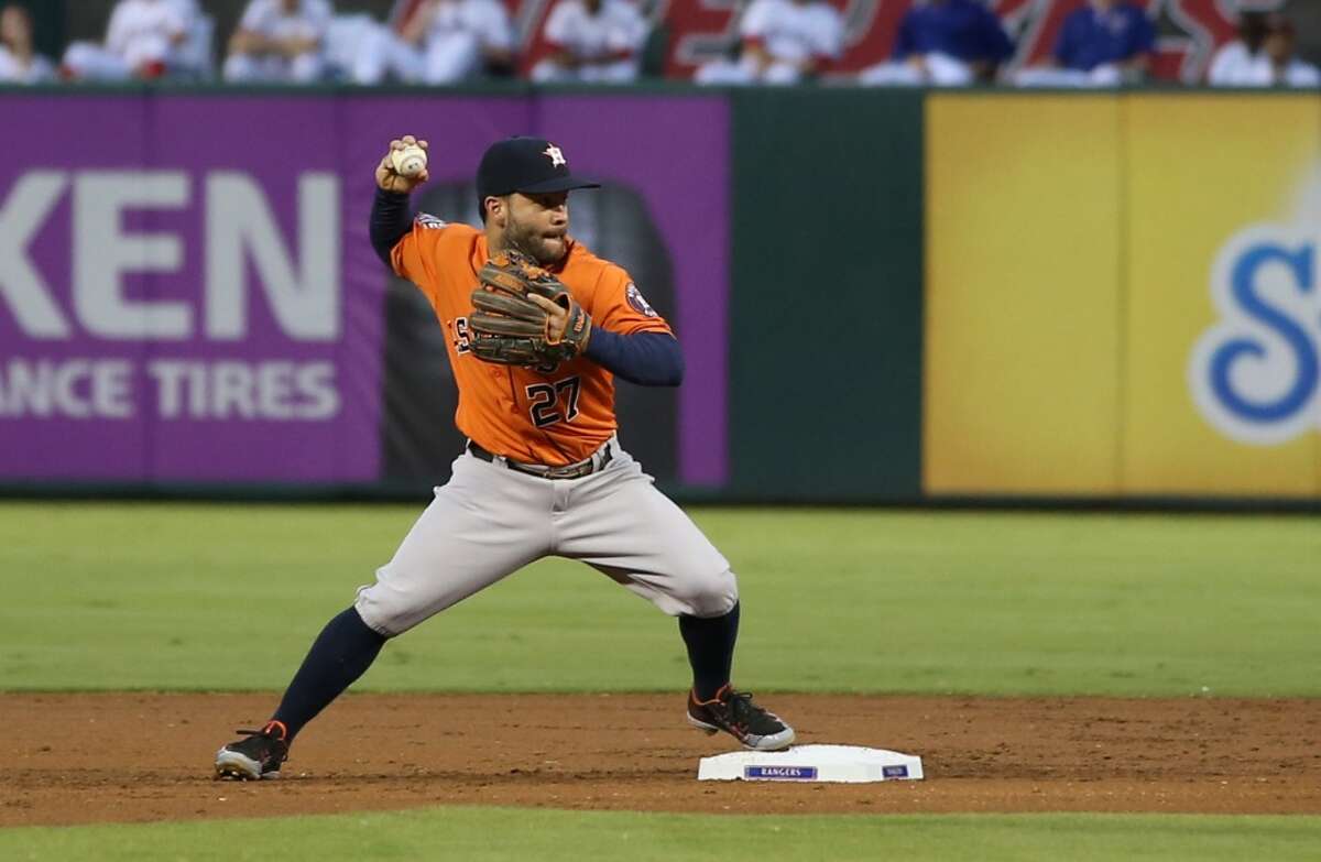 ARLINGTON, TX - SEPTEMBER 17: Jose Altuve #27 of the Houston Astros makes the out in the first inning onPrince Fielder #84 of the Texas Rangers at Global Life Park in Arlington on September 17, 2015 in Arlington, Texas. (Photo by Rick Yeatts/Getty Images)