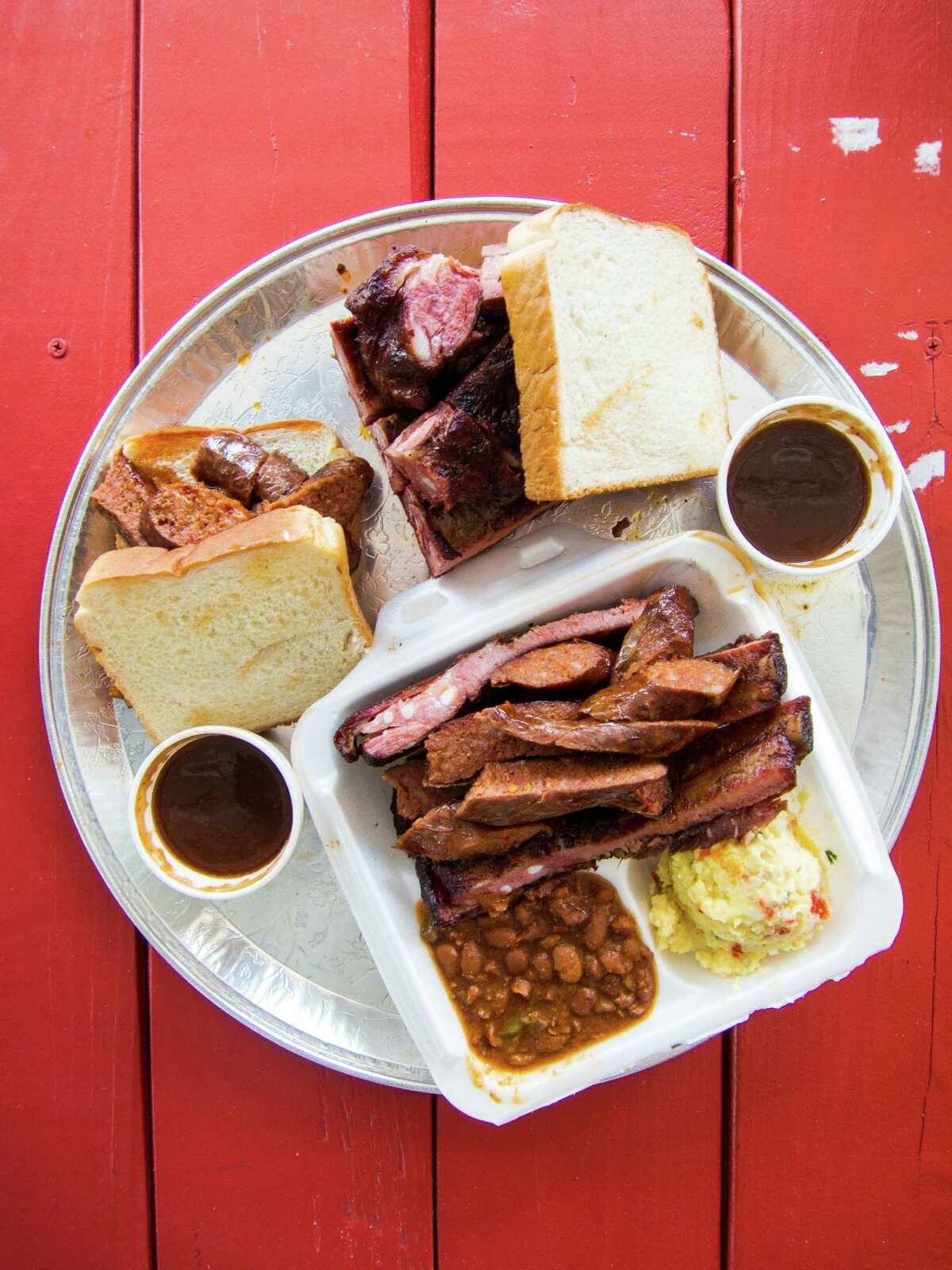 Links and ribs plate and sandwiches at Burns Original BBQ. Burns Original BBQ