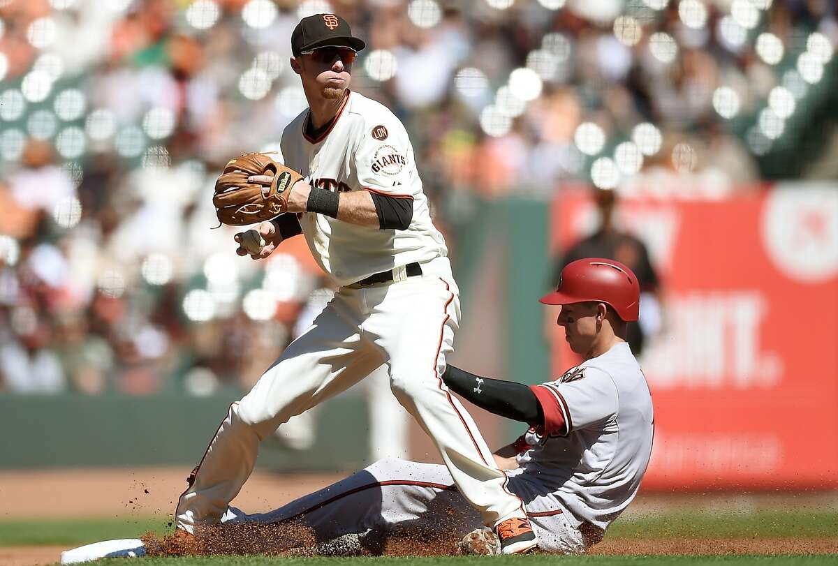 In this file image, Matt Duffy #5 of the San Francisco Giants gets the put out at third base on Jake Lamb #19 of the Arizona Diamondbacks in the top of the second inning at AT&T Park on September 19, 2015 in San Francisco, California. 