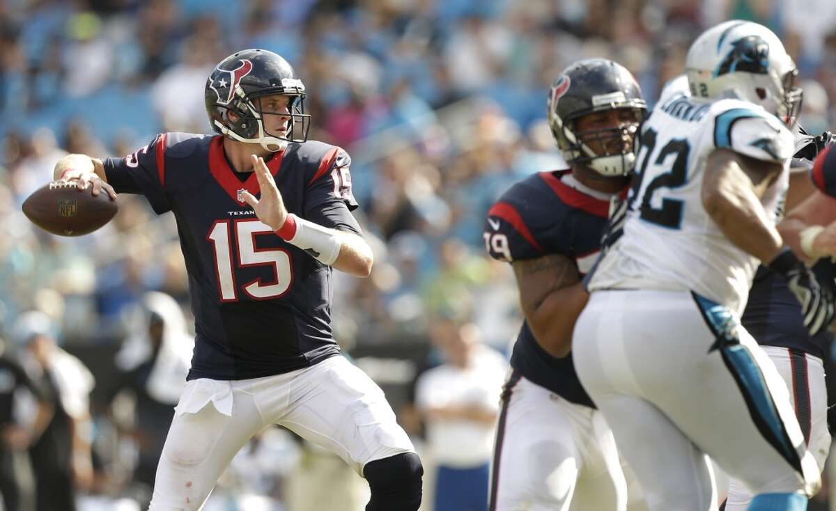 Texans quarterback Ryan Mallett (15) sets to pass against the Panthers during the fourth quarter of Sunday's game. Mallett completed 27 of 58 attempts for 244 yards and a touchdown.