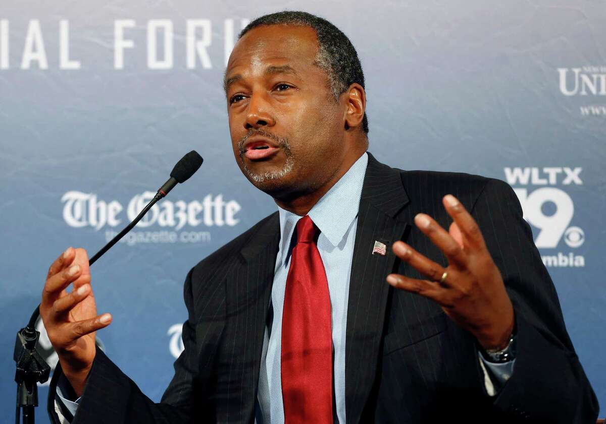 FILE - In this Monday, Aug. 3, 2015, file photo, Republican presidential candidate and retired neurosurgeon Ben Carson speaks during a forum, in Manchester, N.H. Responding to a question during an interview broadcast Sunday, Sept. 20, 2015, on NBC's "Meet the Press," Carson, a devout Christian, said Islam is antithetical to the Constitution and he doesnât believe that a Muslim should be elected president. (AP Photo/Jim Cole, File)