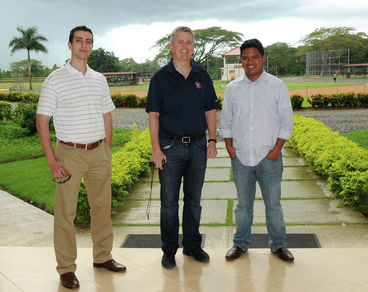 Astros assistant general manager David Stearns, GM Jeff Luhnow and international director Oz Ocampo stand Monday in front of Houston's Dominican Republic instructional academy in Guerra, Santo Domingo. (Photo courtesy of: Juan Berson, Astros' Dominican Republic photographer)