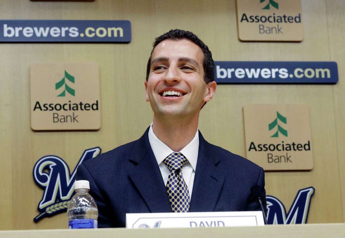 David Stearns speaks during a news conference Monday, Sept. 21, 2015, in Milwaukee. Stearns was introduced as the Milwaukee Brewers' new general manager. (AP Photo/Morry Gash)