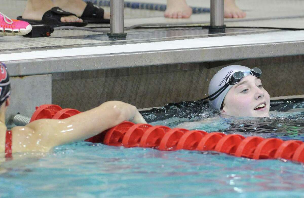 Sarah Grinalds of Fairfield Ludlowe after taking first-place in the 50 freestyle at the FCIAC Championships last season. Grinalds, who will be a sophomore this fall, also won the 50 free at the Class LL tournament and should be one off the top swimmers in the region.