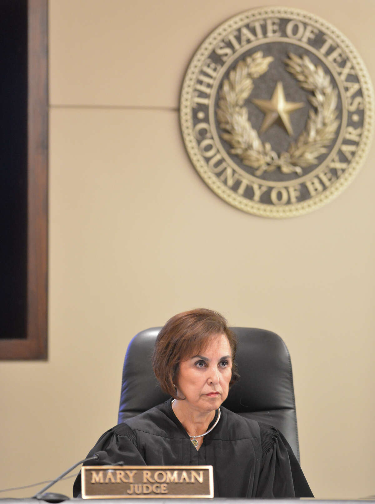 Judge Mary Roman of the 175th State District Court listens to testimony during the start of The Mark Anthony Gonzales capital murder trial. Gonzales is accused of the shooting death of Bexar Coubty Sheriff Sgt. Kenneth Vann in 2011.