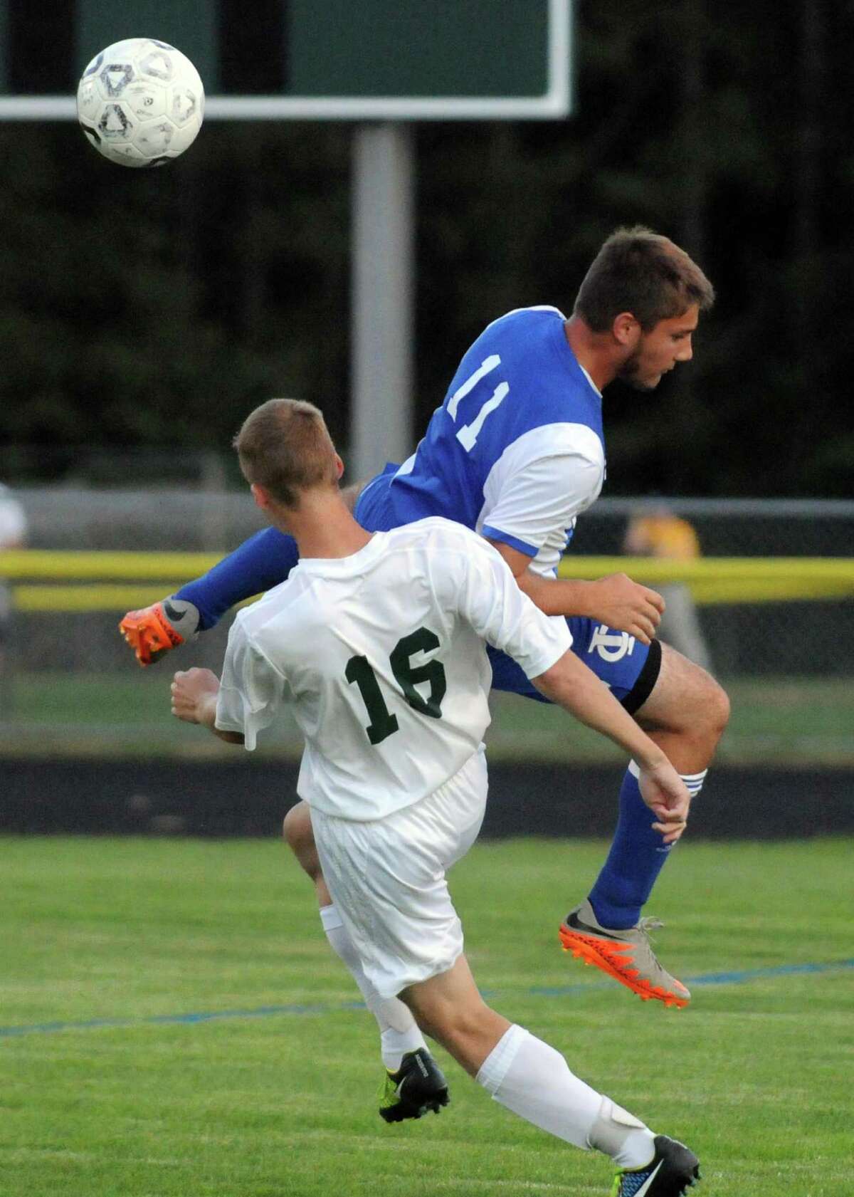 Schalmont's Ryan Older and Ichabod Crane's Bryant Halpin battle for the ball during their boy's high school soccer game on Tuesday Sept. 22, 2015 in Schenectady, N.Y. (Michael P. Farrell/Times Union)