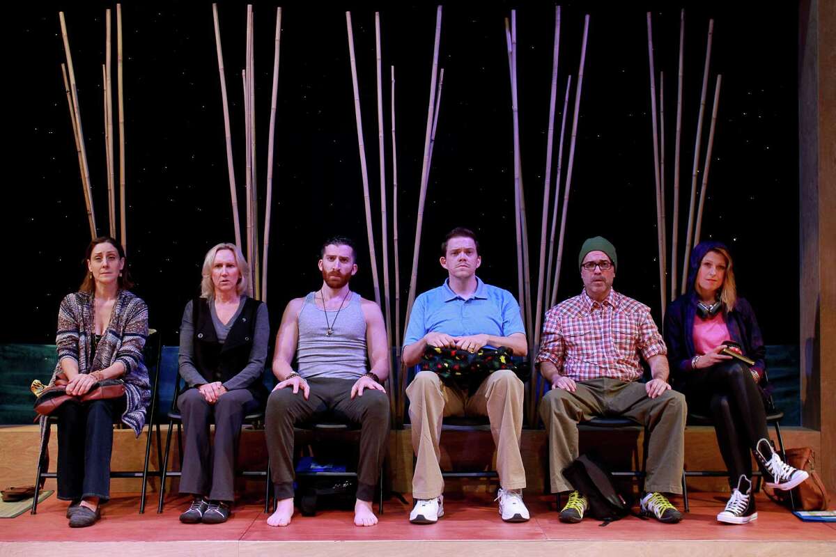 Pamela Vogel, from left, Kim Tobin-Lehl, Nick Farco, Kregg Dailey, Jeff Miller and Amy Garner-Buchanan in this scene from Stark Naked Theatre's production of "Small Mouth Sounds." (For the Chronicle/Gary Fountain, September 4, 2015)
