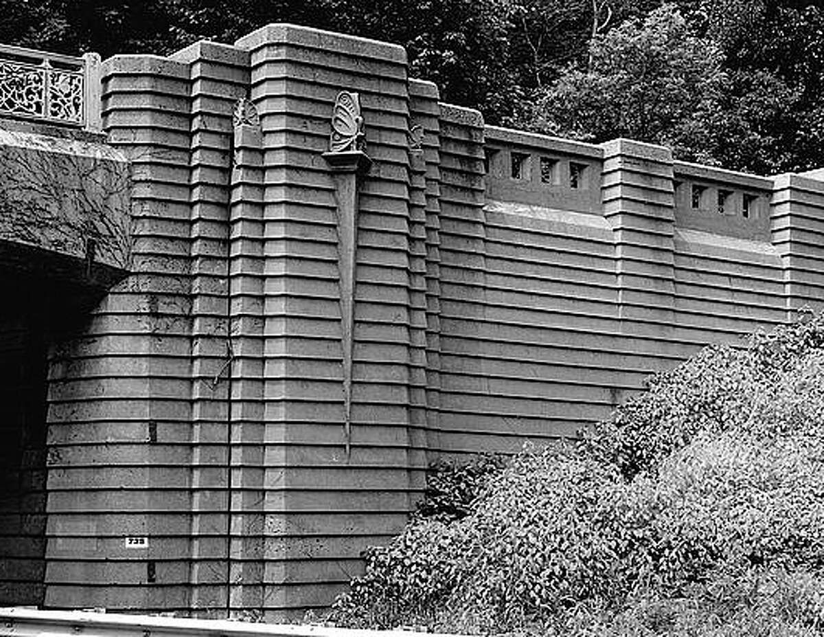 The Merwins Lane bridge over the Merritt Parkway in Fairfield displays a decorative abutment with concrete butterflies inspired by the Art Deco architectural styles of the 1930s. Courtesy: Library of Congress photo archives.