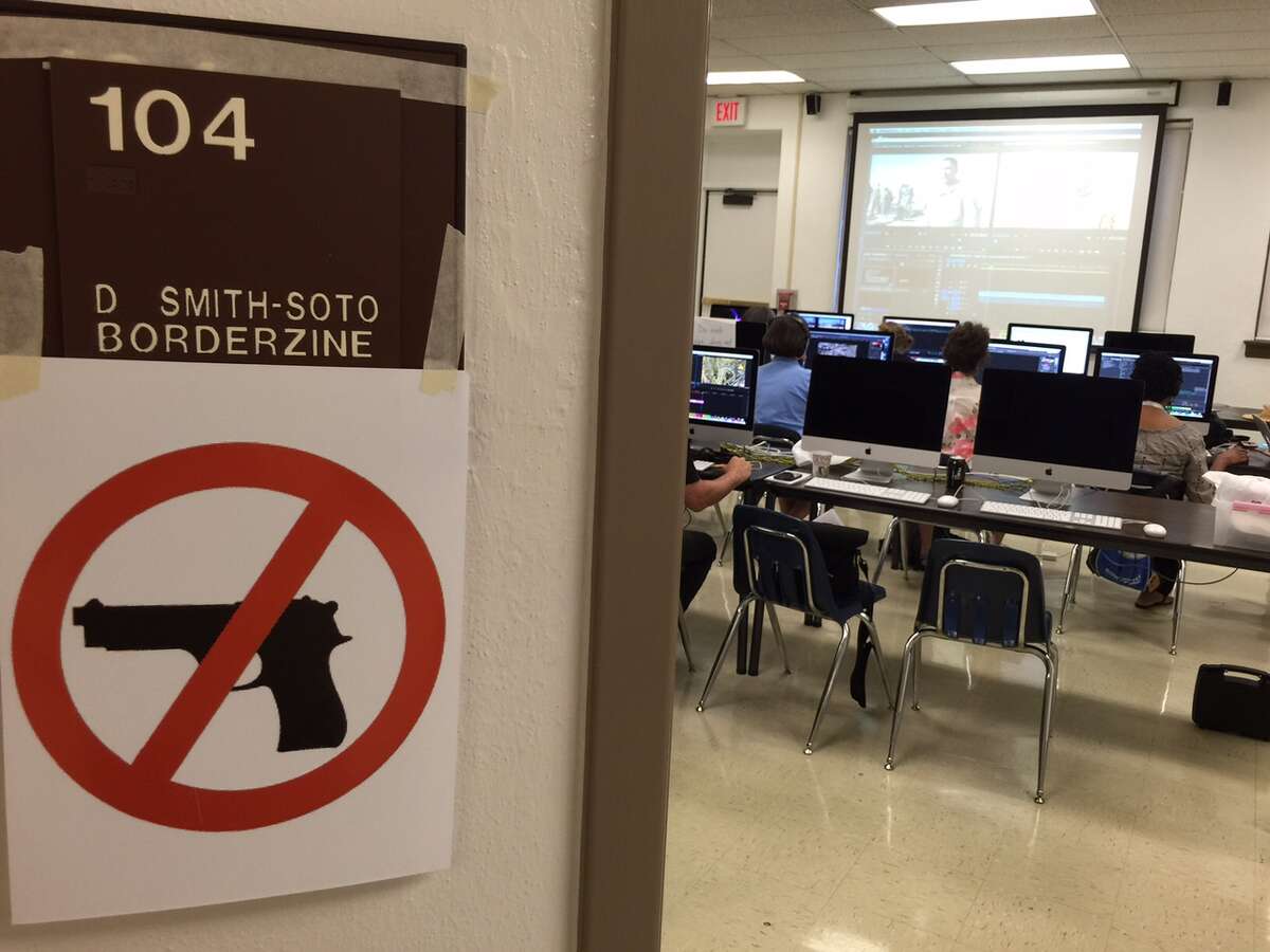 University of Texas at El Paso professor David Smith-Soto hung this "gun free zone" sign outside his multimedia journalism classroom after Gov. Greg Abbott signed campus carry into law in June 2015.