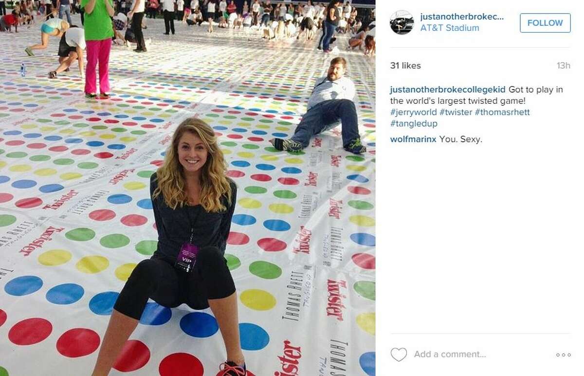 "Got to play in the world's largest twisted game! #jerryworld #twister #thomasrhett #tangledup," @justanotherbrokecollegekid