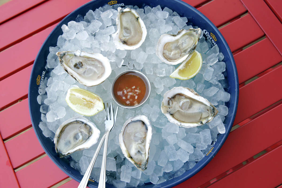 The selection of fresh oysters varies with what’s available. These are Cedar Island oysters, described as having a medium brine with a sweet and very salty finish.