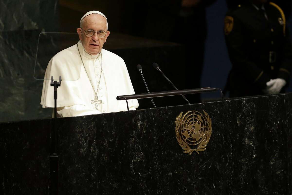 Pope Francis addresses the 70th session of the United Nations General Assembly, Friday, Sept. 25, 2015 at United Nations headquarters. (AP Photo/Mary Altaffer)