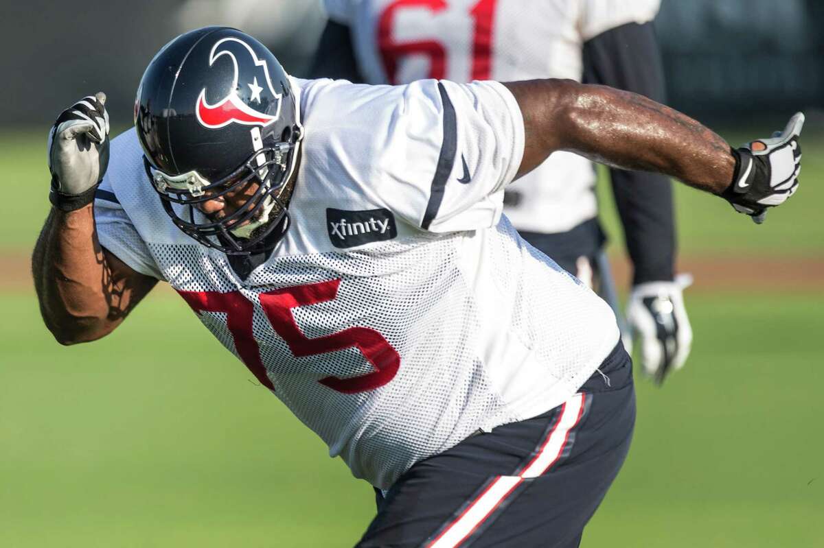 Houston Texans nose tackle Vince Wilfork runs a drill during Texans training camp at the Methodist Training Center. ( Brett Coomer / Houston Chronicle )