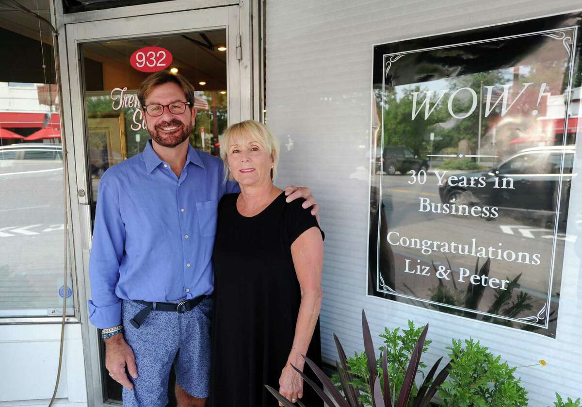 Peter Scifo, left, and Liz Gray, co-owners of Trendsetters Salon, are celebrating being in business for 30 years, in their salon at 932 Hope Street in Stamford, Conn., Wednesday, Sept. 2, 2015.