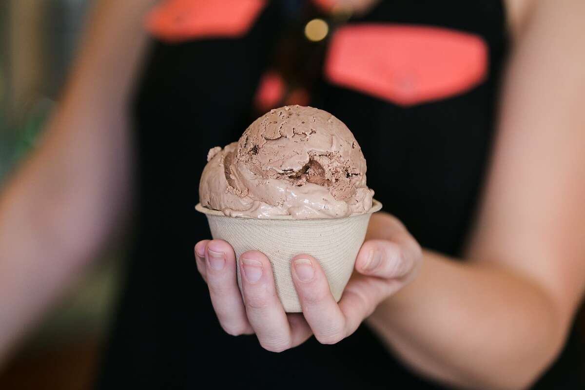 A scoop of "Chocolate Mint Cookie" ice cream at Shakedown.