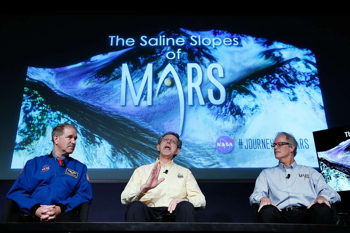 *** BESTPIX *** WASHINGTON, DC - SEPTEMBER 28: (L to R) John Grunsfeld, associate administrator at NASA's Science Mission Directorate, Jim Green, director of planetary science at NASA Headquarters and Michael Meyer, lead scientist for the Mars Exploration Program at NASA Headquarters, answer questions during a press conference where NASA announced new findings that provide the "strongest evidence yet" of salty liquid water currently existing on Mars on September 28, 2015 in Washington, DC. "Our quest on Mars has been to follow the water in our search for life in the universe, and now we have convincing science that validates what we've long suspected," said Grunsfeld. (Photo by Win McNamee/Getty Images)
