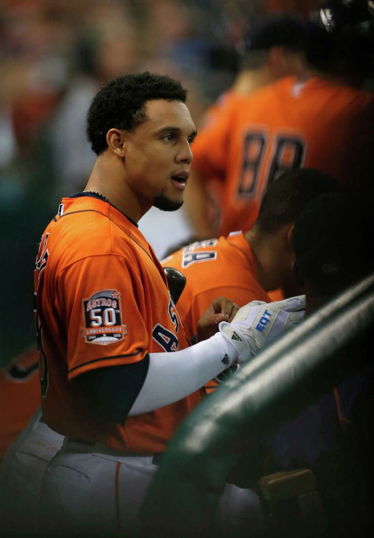 Houston Astros center fielder Carlos Gomez (30) in the dugout in the second inning of an MLB game at Minute Maid Park on Friday, July 31, 2015, in Houston. ( Karen Warren / Houston Chronicle )