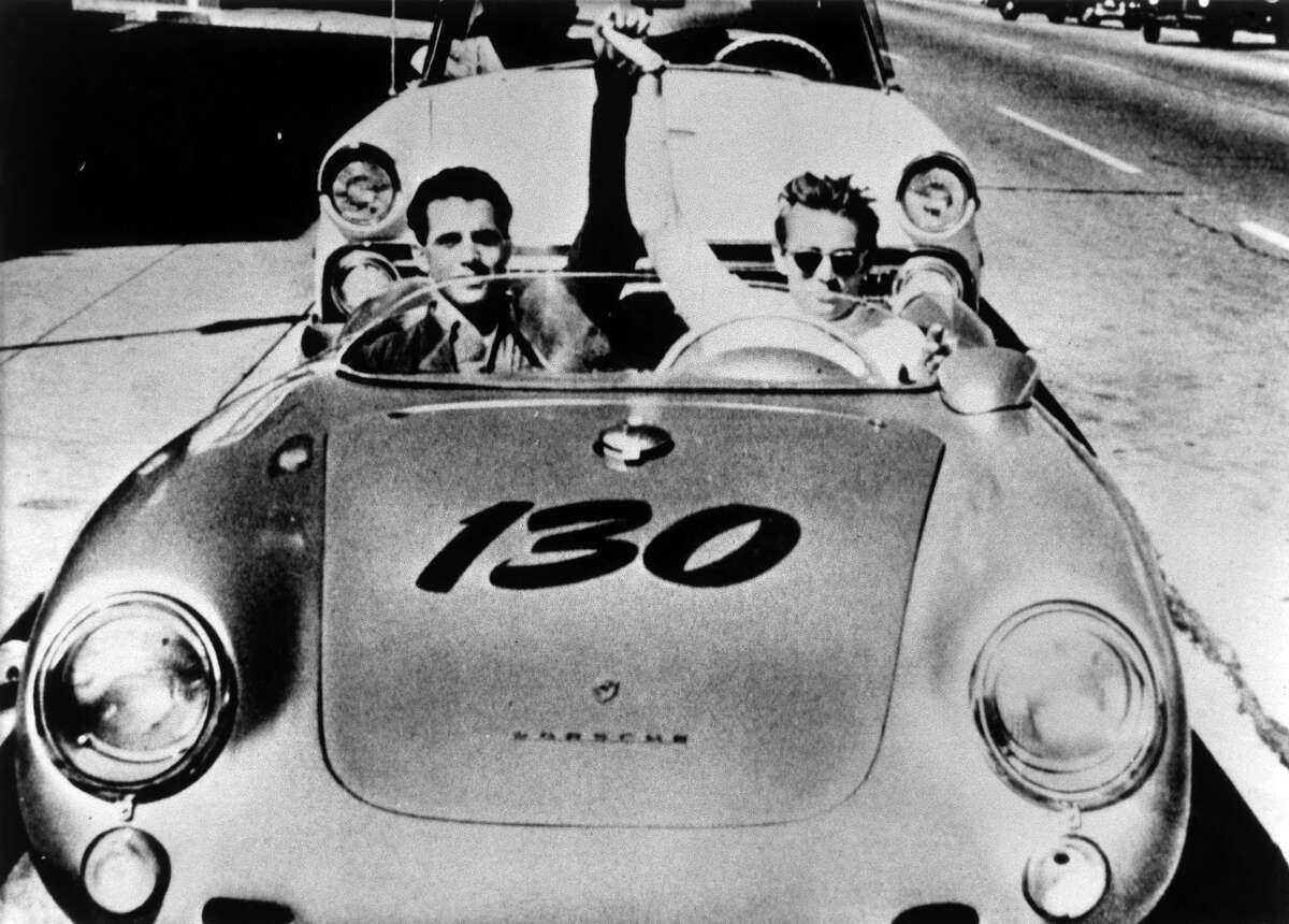 James Dean and Porsche racing mechanic Rolf Wuetherich in Dean's 550 Porsche Spyder nicknamed "Little Bastard."