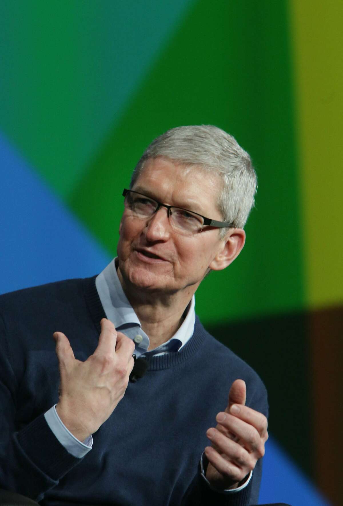 Tim Cook, CEO Apple, talks with Aaron Levie (not shown), CEO co-founder and chairman BOX during A Conversation Between Tim Cook and Aaron Levie at the Moscone Center at BoxWorks 2015 on Tuesday, September 29, 2015 in San Francisco, Calif. Aaron Levie and Tim Cook kicked off the BoxWorks20155 with a fireside chat, A Conversation with Tim Cook and Aaron Levie, which included discussion about the future of Apple regarding enterprise, the ability of technology, partnerships to deliver better solutions for customers and business and technology impacting social issues.