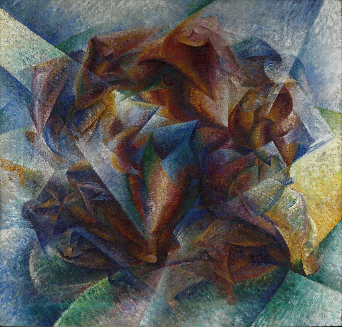 Italian Futurist Umberto Boccioni’s 1913 oil painting, “Dynamism of a Soccer Player,” is one of two hundred works in the exhibition “Jewel City: Art from San Francisco’s Panama-Pacific International Exposition” at the de Young Museum.
