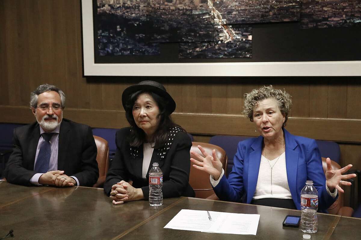 Candidates for San Francisco District 3 supervisor Aaron Peskin (left), Wilma Pang (middle), and incumbent Julie Christensen (right) meet with the editorial board for a debate at San Francisco Chronicle in San Francisco, Calif., on Wednesday, September 30, 2015.