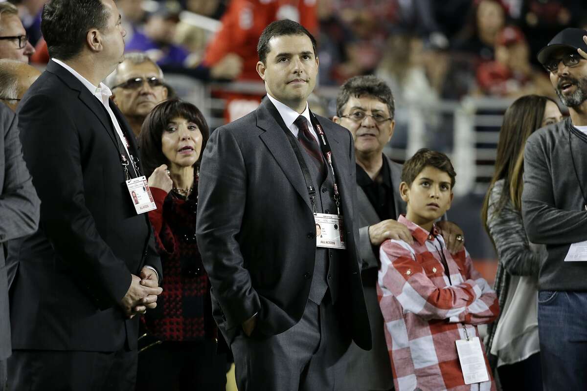 San Francisco 49ers owner Jed York watches from the sideline with his mother Denise DeBartolo York, left, and uncle Eddie DeBartolo Jr., right, during an NFL football game against the Minnesota Vikings in Santa Clara, Calif., Monday, Sept. 14, 2015. (AP Photo/Marcio Jose Sanchez)
