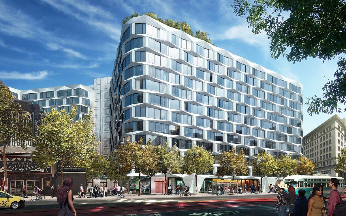 A Market Street view of the proposed 950-974 Market St. building, which is designed by Handel Architects but taking cues from the original concept by Bjarke Ingels Group for the prominent site.