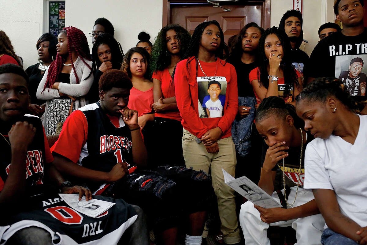 A standing room only crowd fills the sanctuary during the funeral for Tru Sincere Trusty, 16, at Tree Mount Temple Church in San Antonio on Thursday, Oct. 1, 2015. Trusty was shot and killed last Saturday.