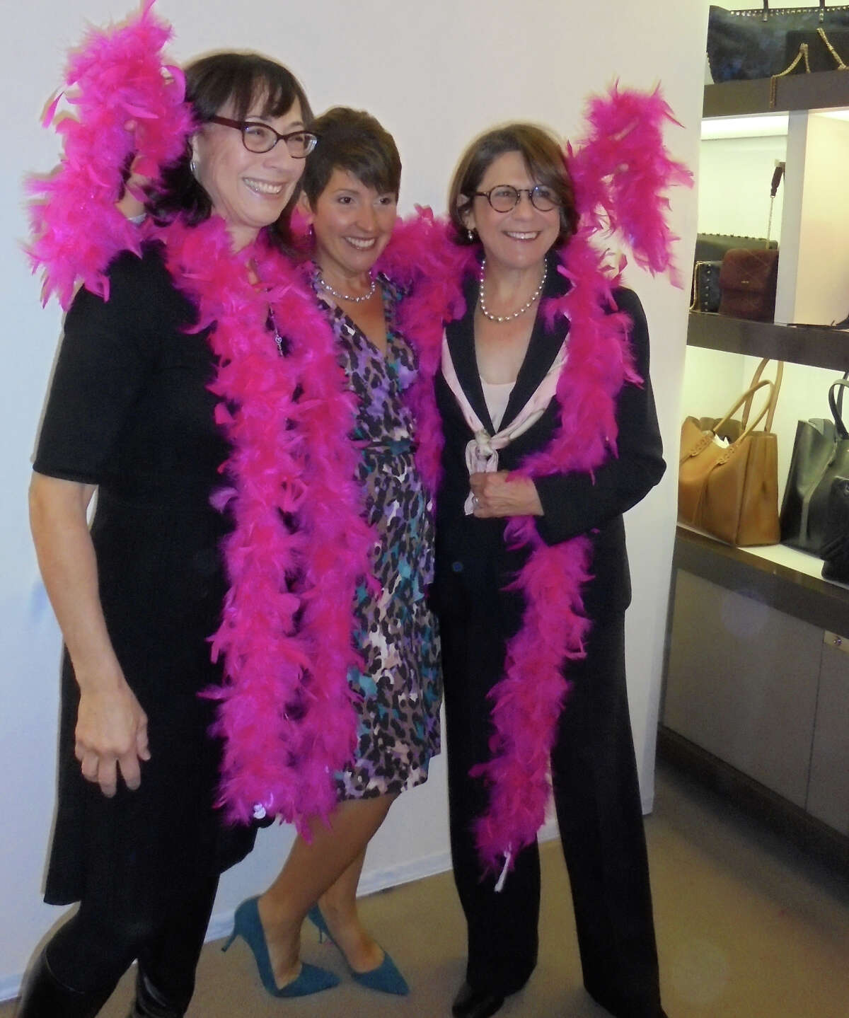 At a photo booth at the 5th annual Pink Aid event, people were invited to pose wearing pink feather boas. Here, from left, are Sandy Rappaport of SIR Development, and Doris Ghitelman and Jillian Klaff, both of William Raveis Real Estate.