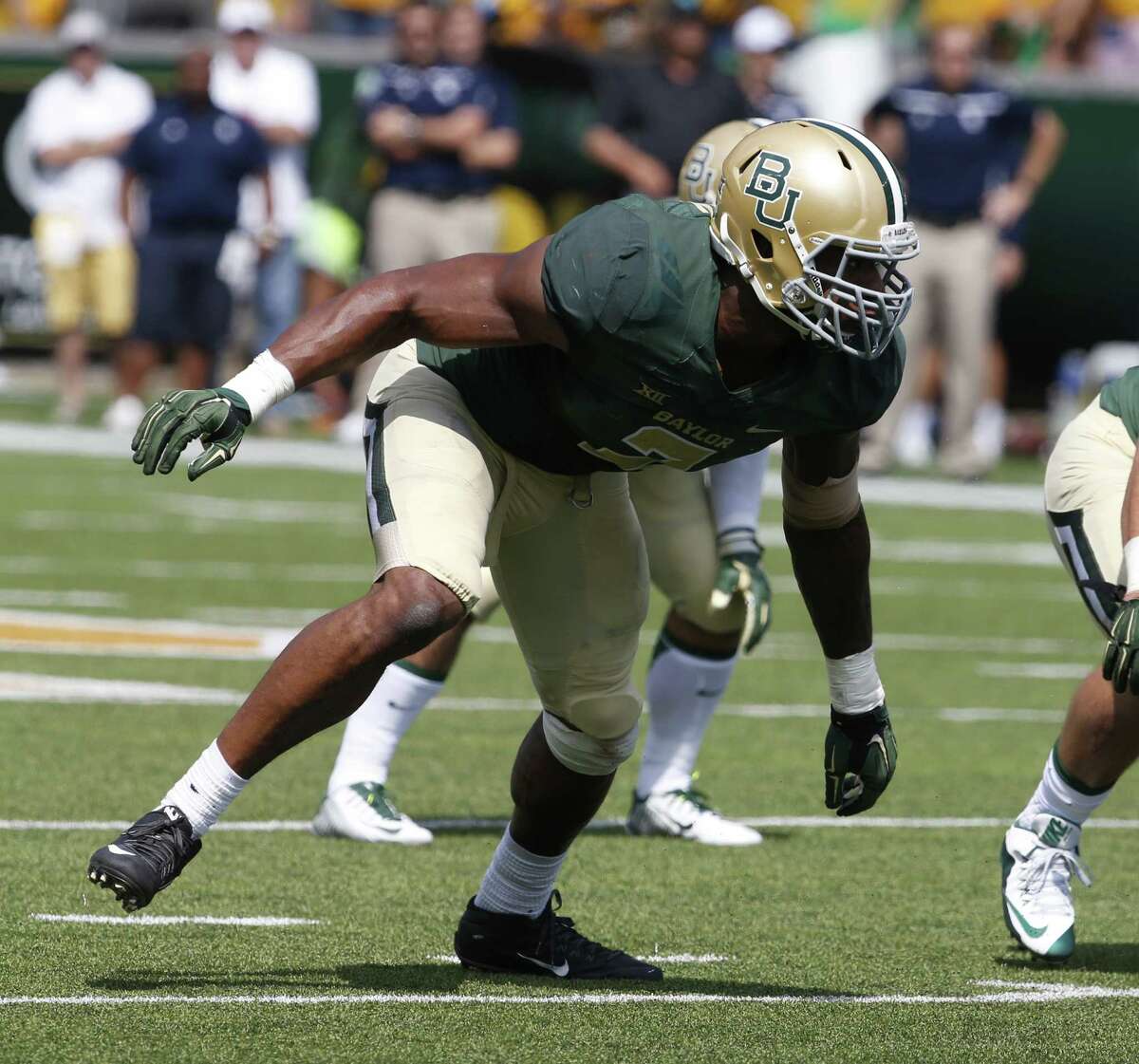 Baylor defensive end Shawn Oakman (2) comes off the line against Rice in the first half of an NCAA college football game, Saturday, Sept. 26, 2015, in Waco, Texas.