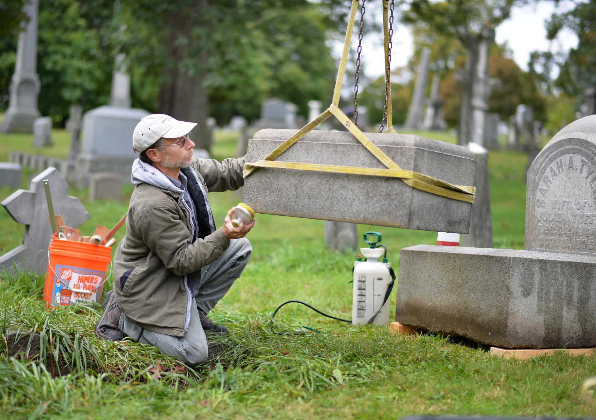 Restoring historic gravestones in Albany Rural Cemetery — gently