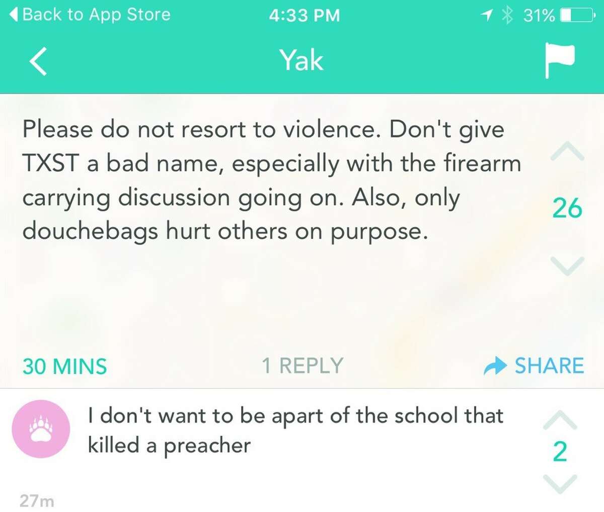 Texas State University students respond to a threatening post made of the mobile application Yik Yak.