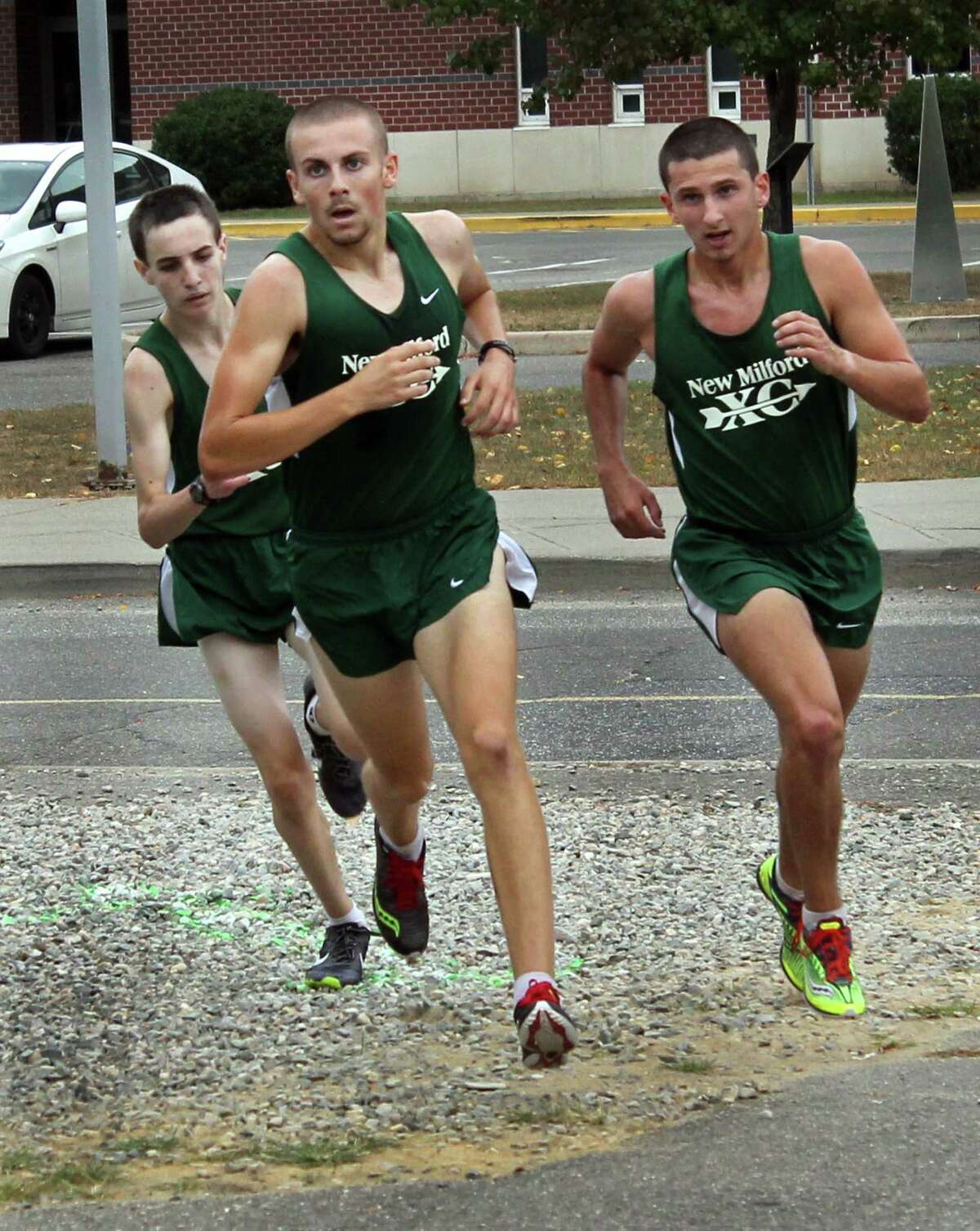 Eli Nahom, Stosh Davis and Luke Simmonds (from left) were at the front of the pack by the time the home stretch came in their meet against Newtown and Notre Dame.