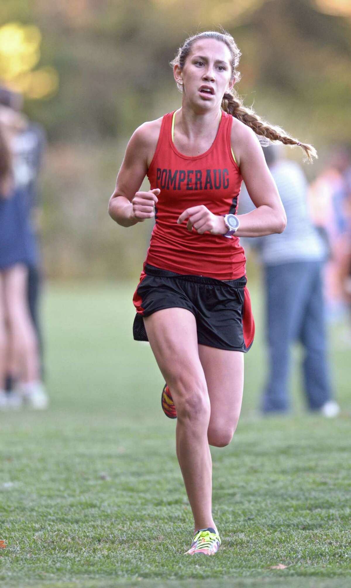 Ivy Walker, from Pomperaug High School, finished first in the girls high School cross country meet between Brookfield, Pomperaug and Newtown high schools on Tuesday, October 6, 2015, at Reed Intermediate School, Newtown, Conn.