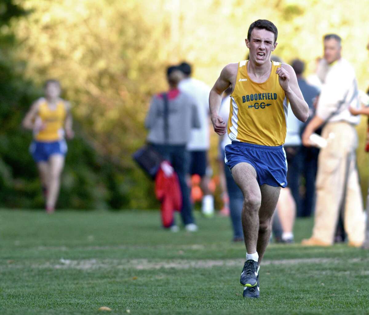 Tommy Consalvo, from Brookfield High School, took first in the boys high school cross country meet between Brookfield, Pomperaug and Newtown high schools on Tuesday, October 6, 2015, at Reed Intermediate School, Newtown, Conn.