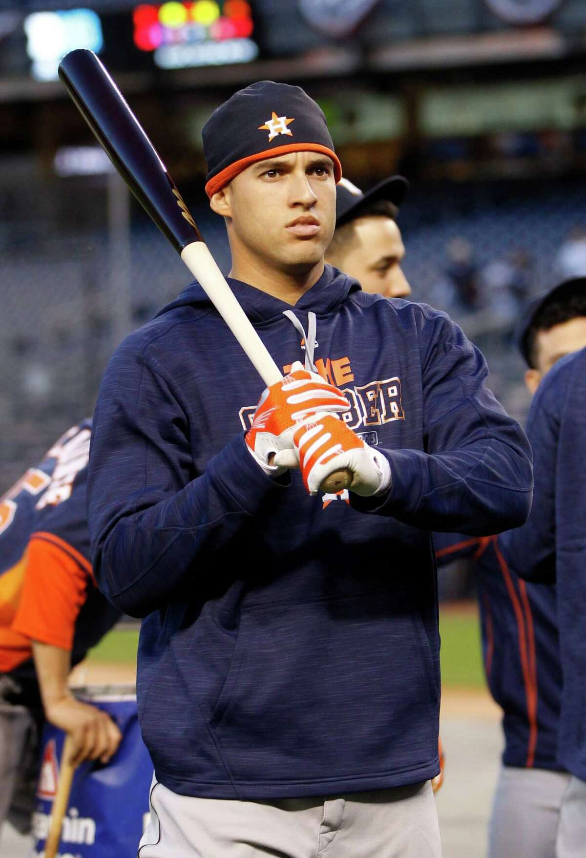 George Springer during batting practice before the start of the American League Wild Card game at Yankee Stadium on Tuesday, Oct. 6, 2015, in New York. ( Karen Warren / Houston Chronicle )