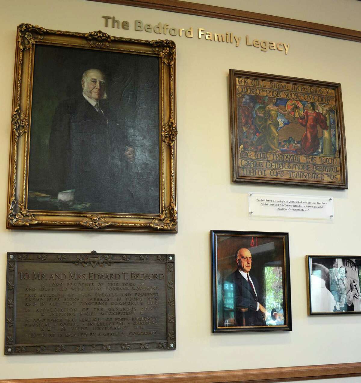 A portrait of Edward T. Bedford, upper left, the founder of the Westport- Weston Family YMCA, along with other memorabilia is featured on the Bedford Family Legacy Wall in the new Y on its Mahackeno campus.