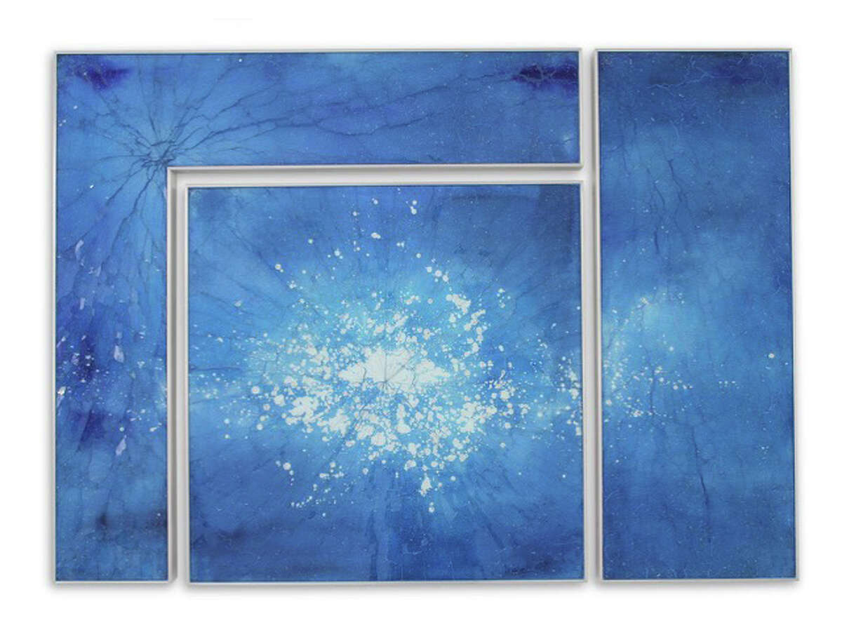 Cassandria Blackmore’s “Blue Kapnos II,” on painted glass is part of the ìNew Arrangements: Contemporary Reimagined,î exhibit at Heather Gaudio Fine Art, which recently moved to 66 Elm St. in downtown New Canaan.