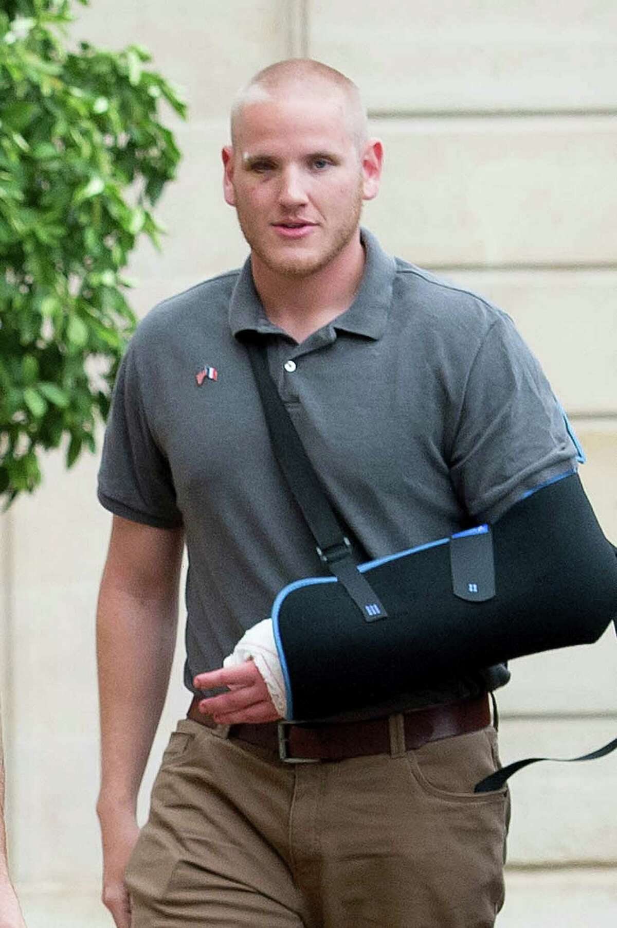 FILE - October 8: US Airman Spencer Stone, who stopped a terror attack on a train in France in August, has been stabbed several times, according to reports. PARIS, FRANCE - AUGUST 24: Spencer Stone attends a reception at Elysee Palace on August 24, 2015 in Paris, France. Spencer Stone, Anthony Sadler, Alek Skarlatos and Chris Norman are being awarded the Legion d'Honneur after overpowering the gunman, 25-year-old Moroccan, Ayoub El-Khazzani, on board a high-speed train after he opened fire on a Thalys train travelling from Amsterdam to Paris. El-Khazzani, who had a Kalashnikov, an automatic pistol and a box cutter, was arrested when the train stopped at the French town of Arras. (Photo by Aurelien Meunier/Getty Images)