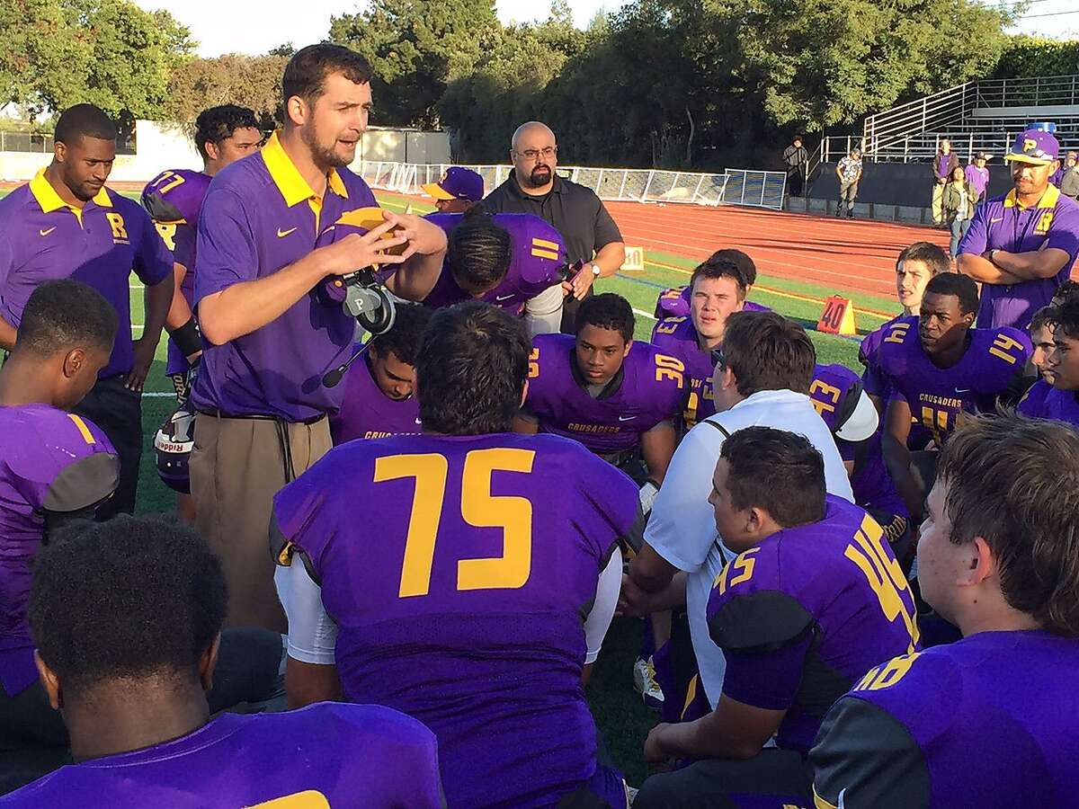 Riordan coach Kevin Fordan addresses his team after it improved its record to 4-0 with a 37-21 defeat of Archbishop Mitty on Oct. 3. Riordan, ranked 11th by The Chronicle, hosts fifth-ranked Serra (2-2) on Saturday.