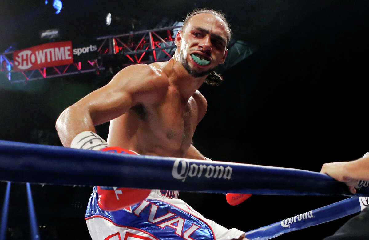 Keith Thurman reacts after his WBA Interim Welterweight fight with Jesus Soto Karass part of the “Danger Zone” boxing card Dec. 14, 2013, at the Alamodome. Thurman won by knockout.