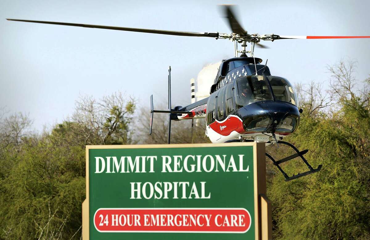 An Air Evac medical helecopter takes off at Dimmit County Regional Hospital in 2014, answering a call for an accident on Texas Highway 85 about 3 miles out of Carrizo Springs involving an 18 wheeler and a vehicle owned by an energy company.