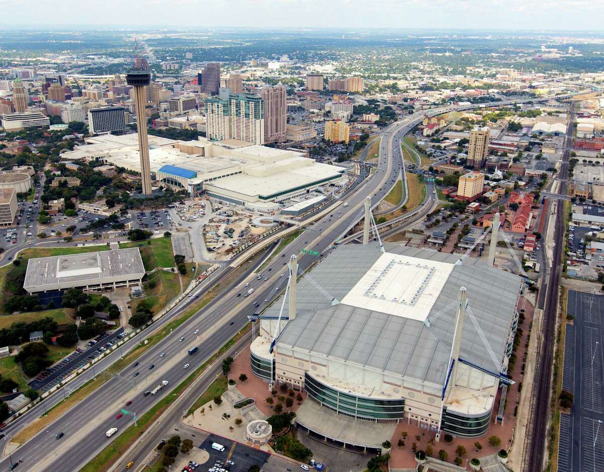 The Alamodome is seen in Thursday Oct. 8, 2015 aerial photo while recently-expanded Henry B. Gonzalez Convention Center is seen in the background along with the rest of downtown San Antonio.