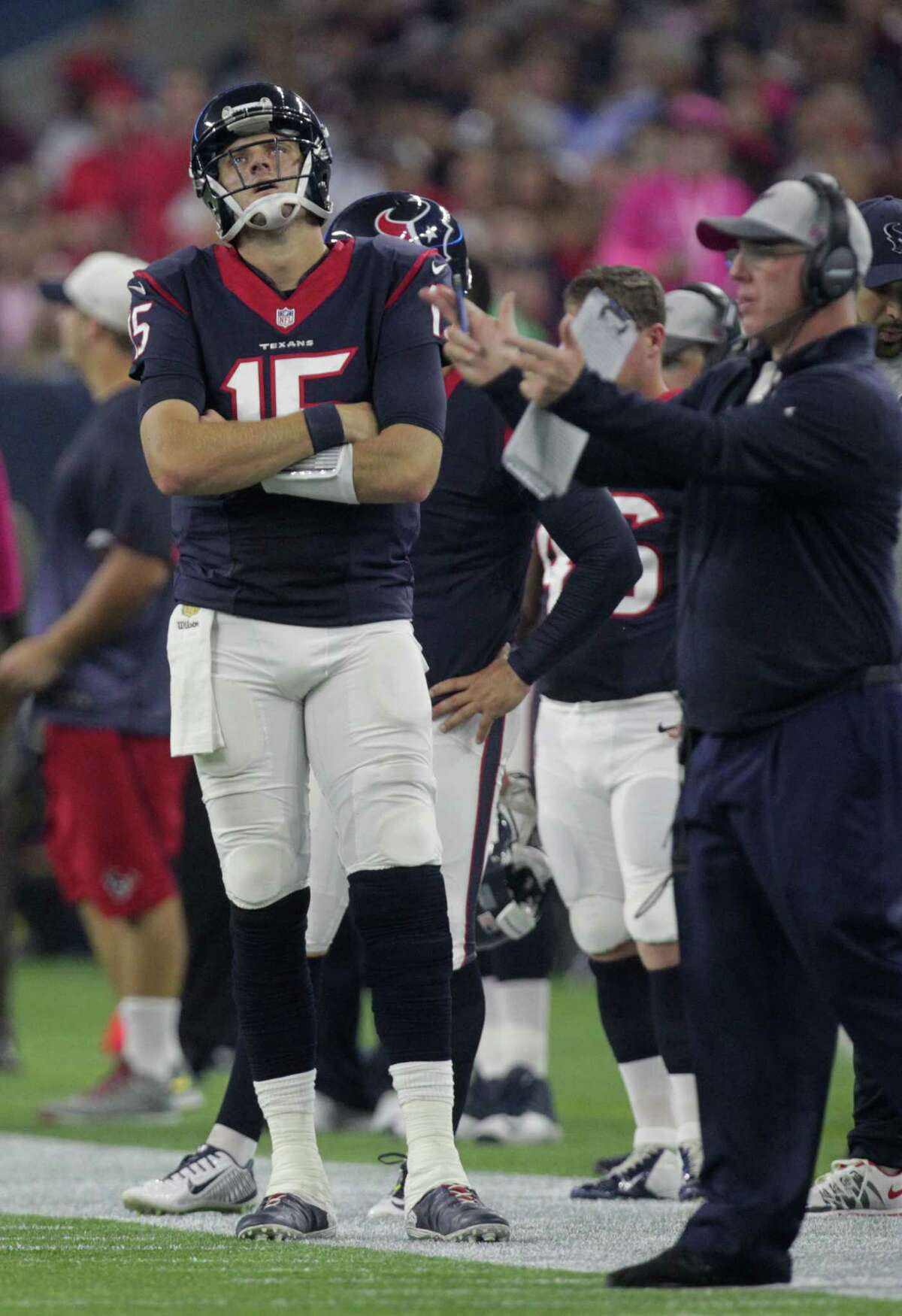Houston Texans quarterback Ryan Mallett (15) watches from the sidelines after leaving the game after a hit during the second quarter of an NFL football game at NRG Stadium on Thursday, Oct. 8, 2015, in Houston. ( Jon Shapley / Houston Chronicle )