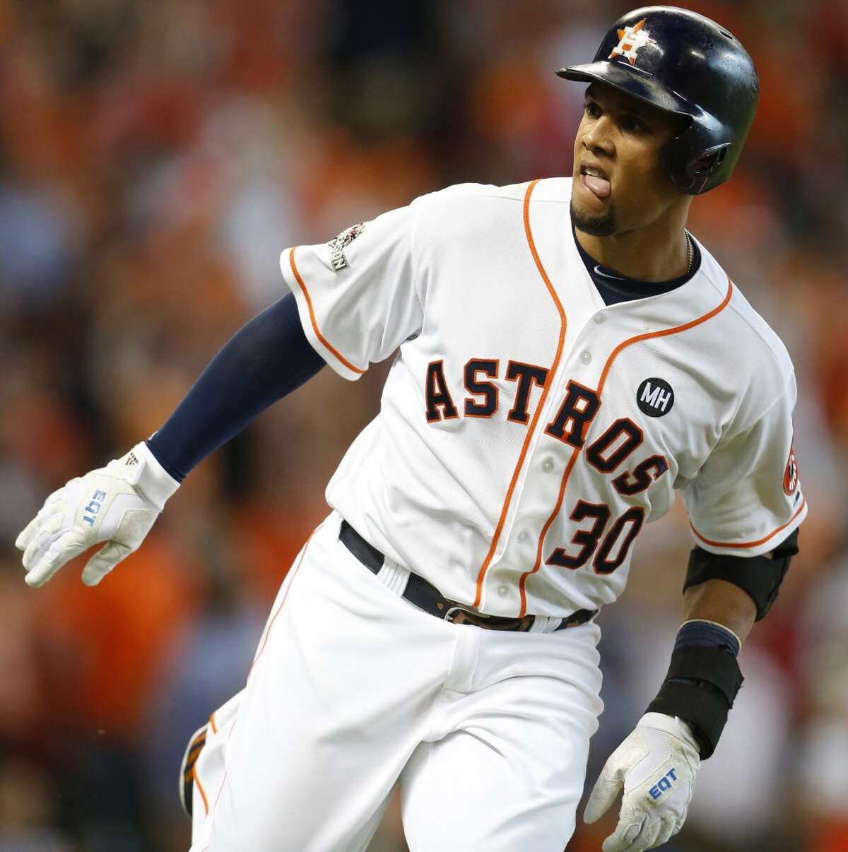 Houston Astros center fielder Carlos Gomez (30) rounds the bases after hitting a solo home run off Kansas City Royals starting pitcher Yordano Ventura during the second inning of Game 4 of the American League Division Series at Minute Maid Park on Monday, Oct. 12, 2015, in Houston. ( Brett Coomer / Houston Chronicle )