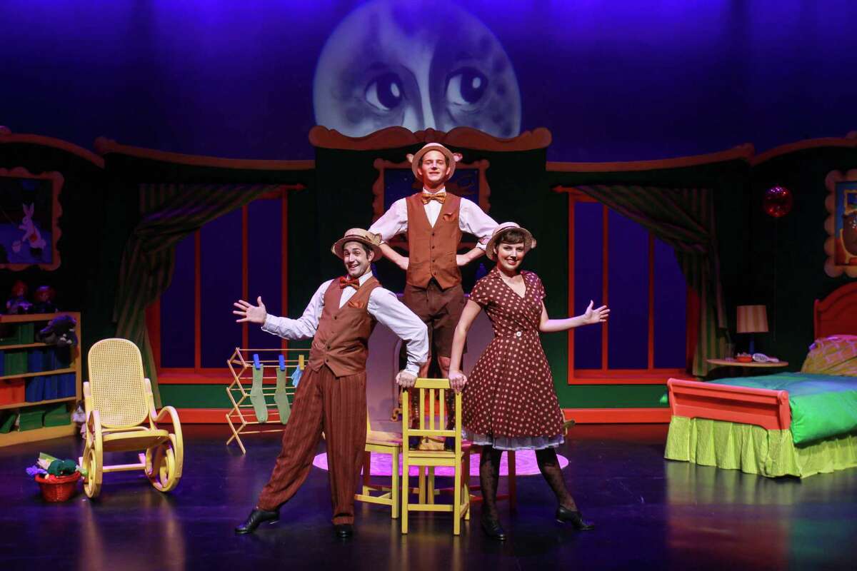 Cameron William Davis as Papa Bear, from left, Michael Chiavone as Baby Bear, and Sarah Myers as Mama Bear, in this scene from Main Street Youth Theater's production of "Goodnight Moon." (For the Chronicle/Gary Fountain, October 8, 2015)