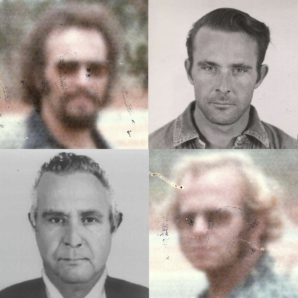 Images of John Anglin (top row) and Clarence Anglin (bottom row) from a mug shot before their 1962 from Alcatraz and one that allegedly shows John and Clarence living in Brazil in 1975.