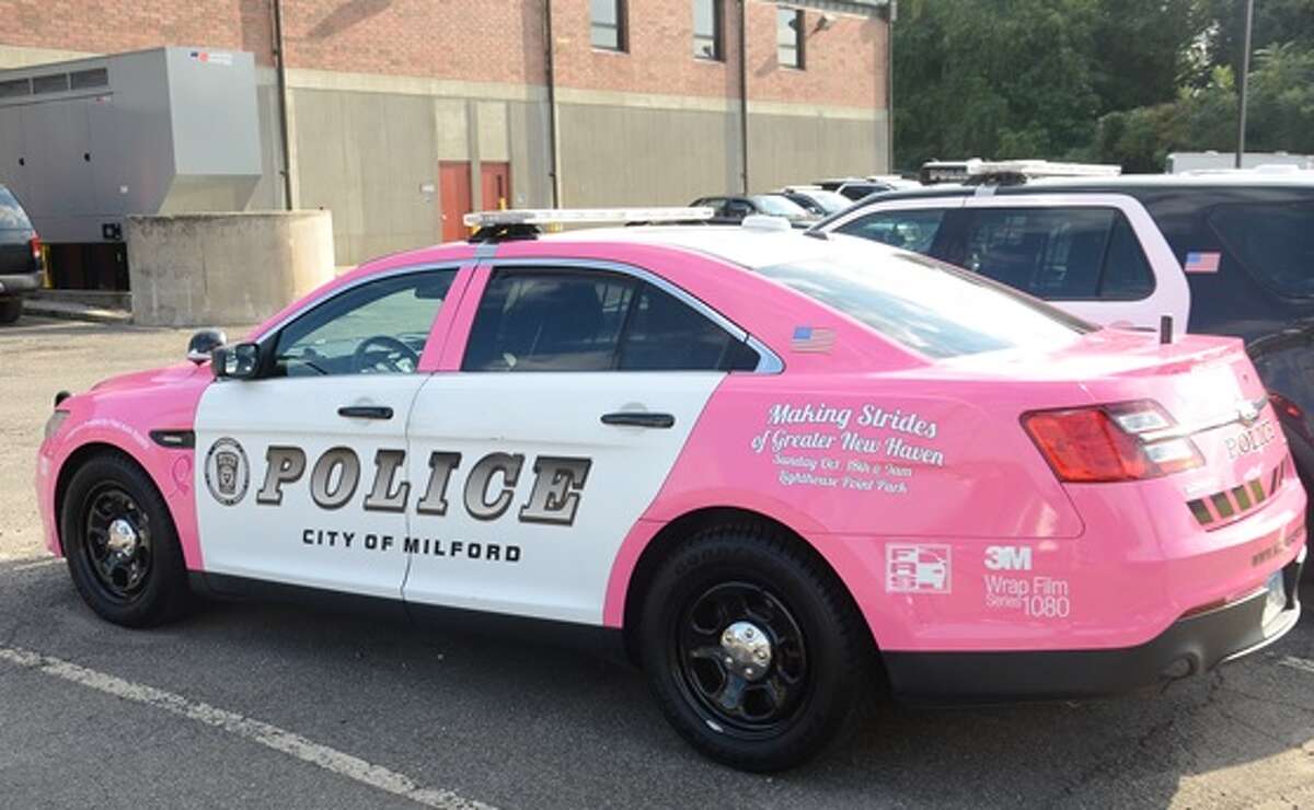 A Milford police cruiser is pink, to mark Breast Cancer Awareness Month